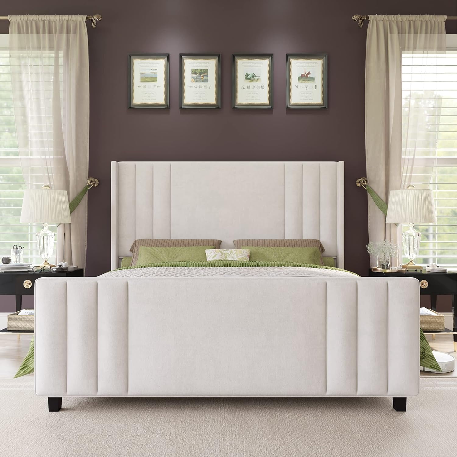 VanAcc Velvet Upholstered Queen Size Bed Frame with Headboard & Footboard/Wingback for Adult White