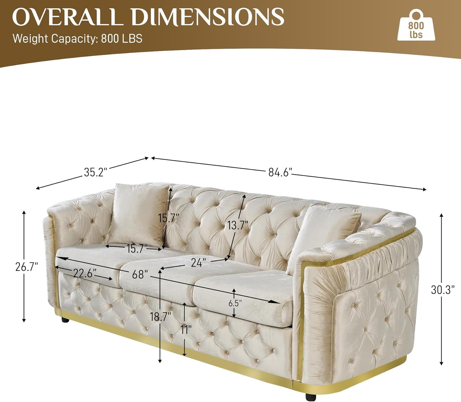 Wiilayok 84.6" Velvet Button Tufted Sofa,Mid-Century Classic Chesterfield Sofa Couch with Thick Backrest&Armrest,Gold Steel Accents,3 Seat Sofa Couches for Living Room,Beige