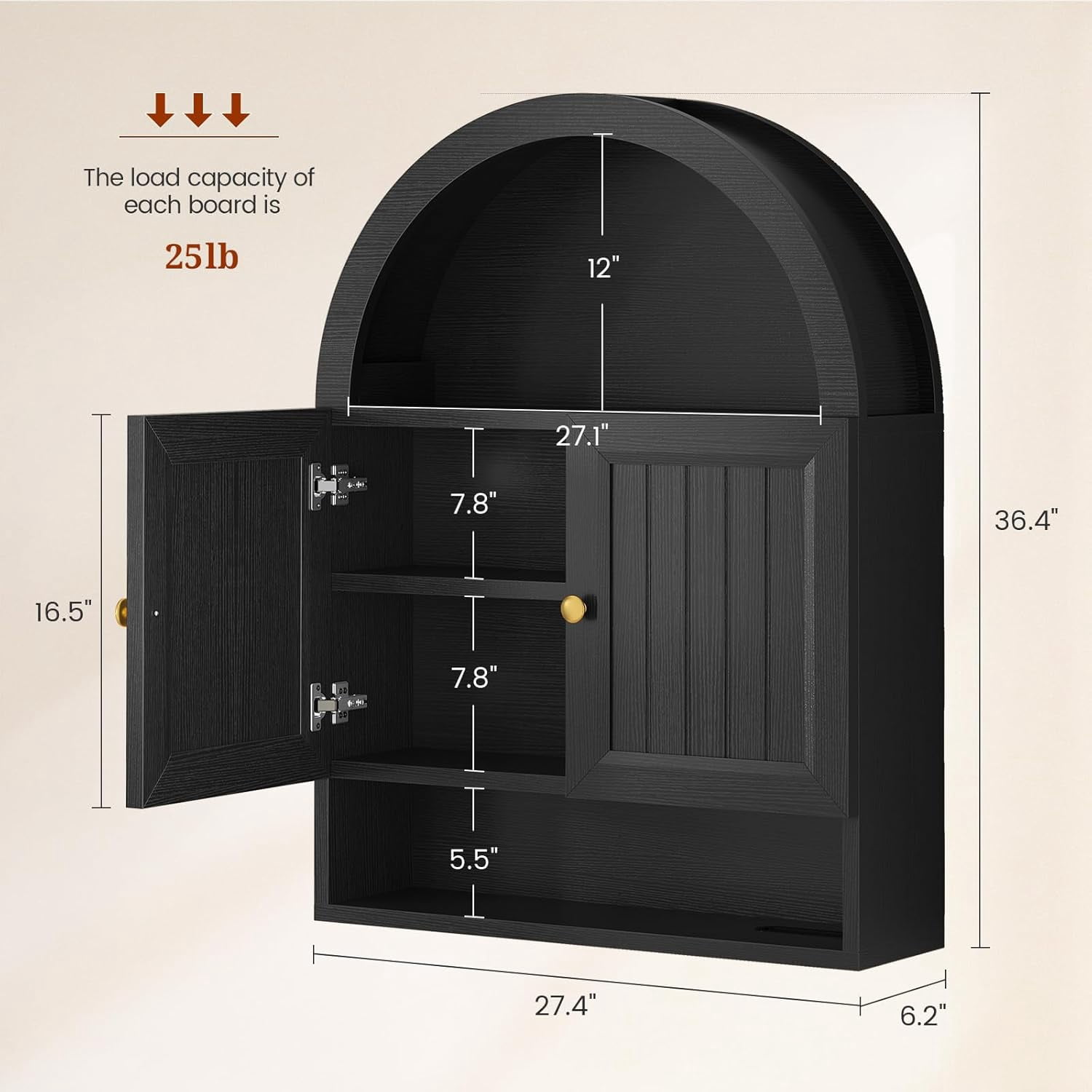 Bathroom Wall Cabinet, Arched Medicine Cabinet Over Toilet Storage with Adjustable Shelf and Open Compartment for Laundry Room Kitchen Living Room, Black