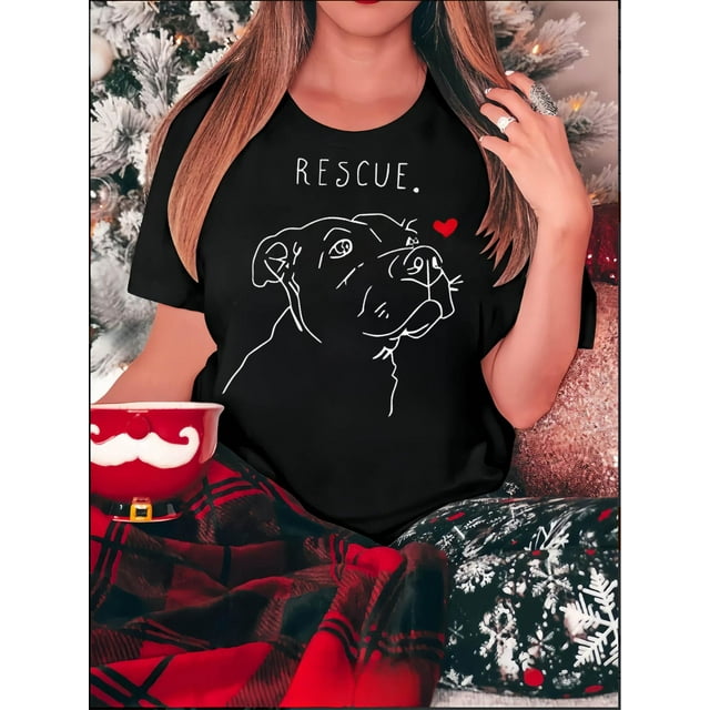 Camiseta informal con estampado de perro "Rescue" para mujer - Algodón suave, cuello redondo, manga corta, blanca con dibujo de líneas negras y diseño de corazón rojo. Cómoda camiseta de verano para u