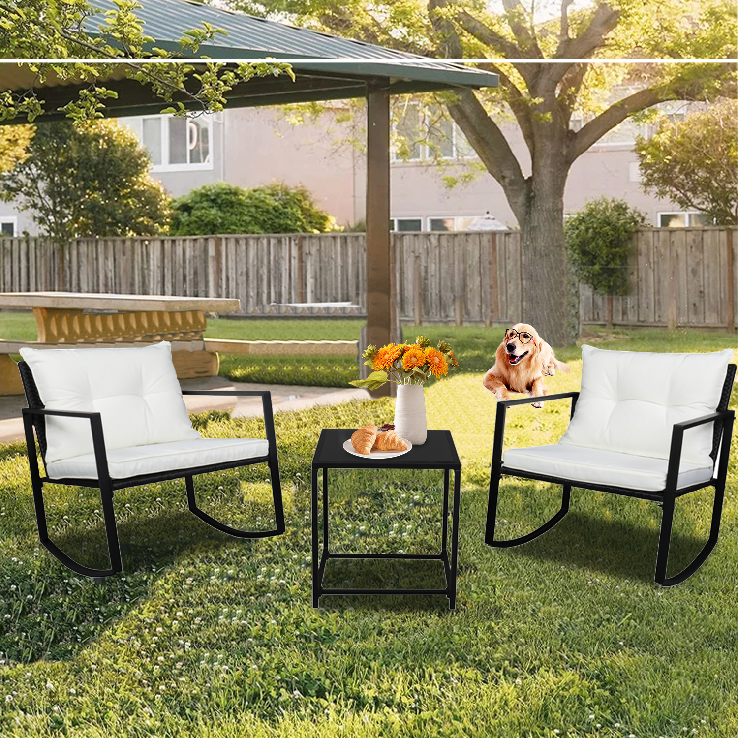 Outdoor Rocking Chair Sets Patio Furniture, 3 Piece Wicker Bistro Set with White Cushion Rocking Chairs and Coffee Table, Patio Rocking Chair Set for Backyard Garden, All-Weather Rocking Chair, W10671 - image 2 of 9