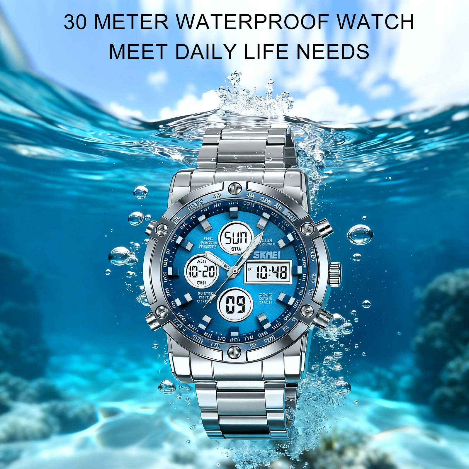 SKMEI Mens Wrist Watch, Waterproof Military Analog Digital Watches with LED Multi Time Chronograph, Stainless Steel Business Quartz Watches for Men