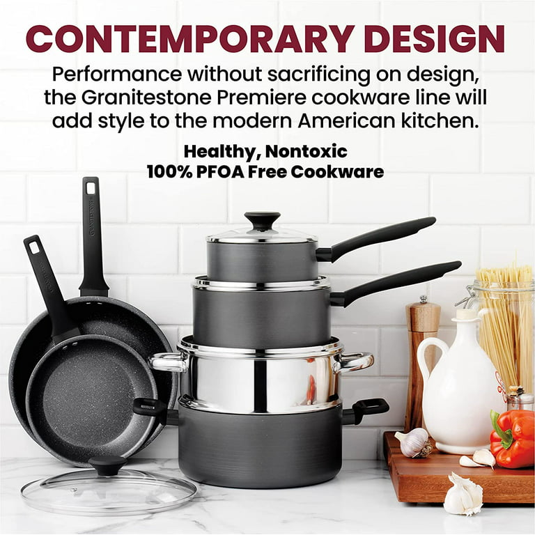 Kitchen Academy Induction Cookware Set-17 Piece Non-stick Cooking Pan Set,  Black Granite Pots and Pans Set