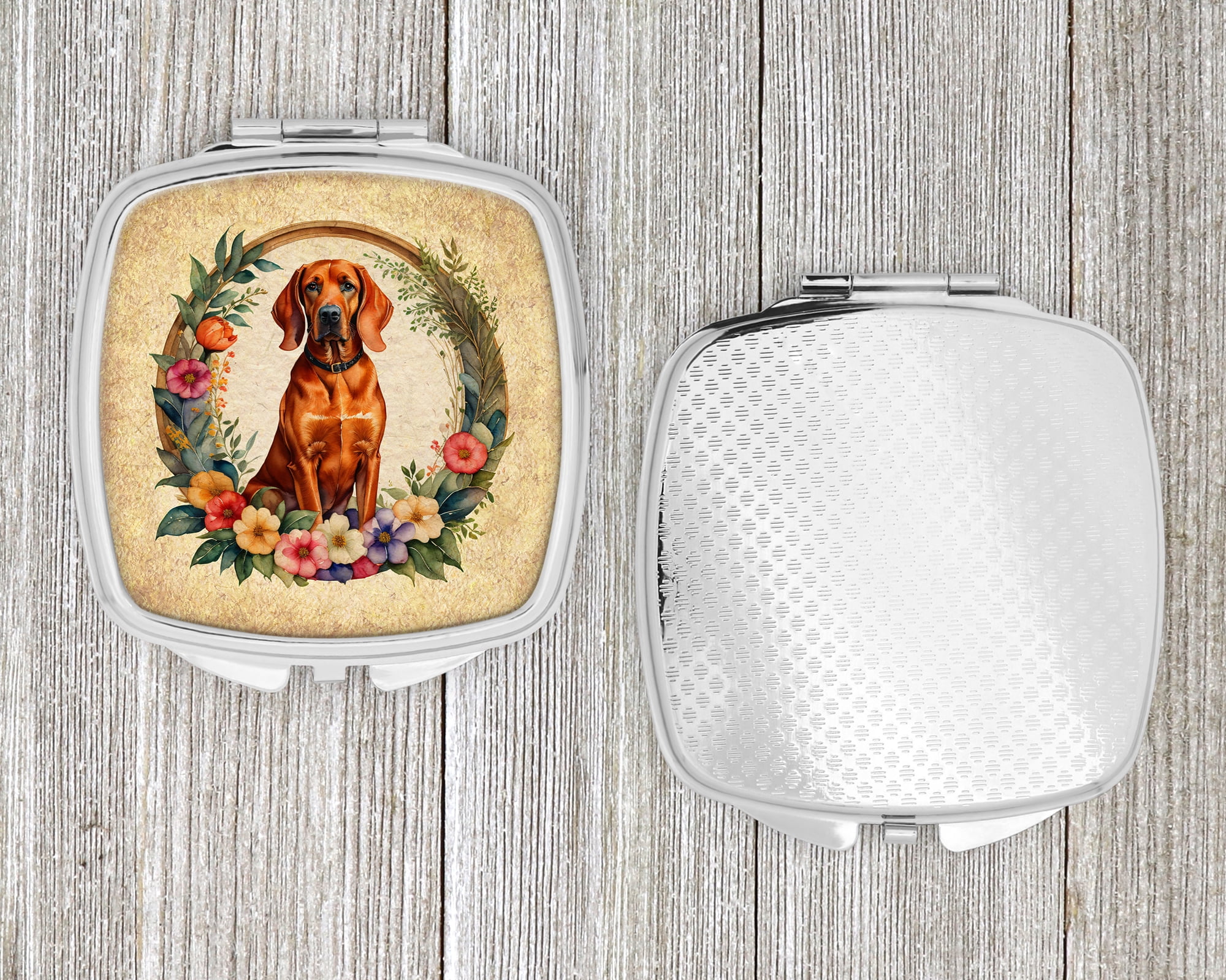 Redbone Coonhound and Flowers Compact Mirror 2.75 in x 3 in