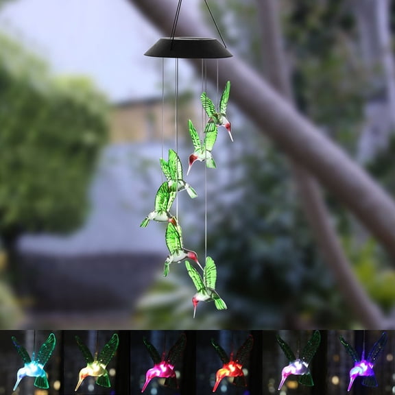 Color Changing Solar Hummingbird Wind Chime Light - Outdoor Garden Decor with LED Lighting, Auto On/Off, Weatherproof Resin, 6-8H Charging for Night Use, Decorative Patio & Yard Ornament
