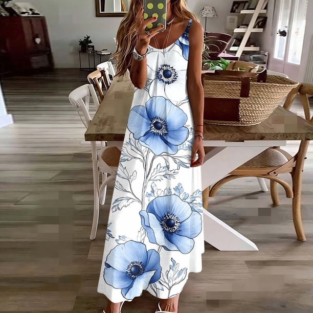 TaTaai Womens Fashion Floral Print Round Neck Sleeveless Maxi Dress Soft Breathable Lightweight Material Casual Daily Holiday Party Outfits Gift