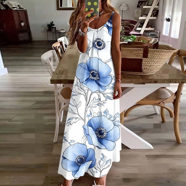 TaTaai Womens Fashion Floral Print Round Neck Sleeveless Maxi Dress Soft Breathable Lightweight Material Casual Daily Holiday Party Outfits Gift