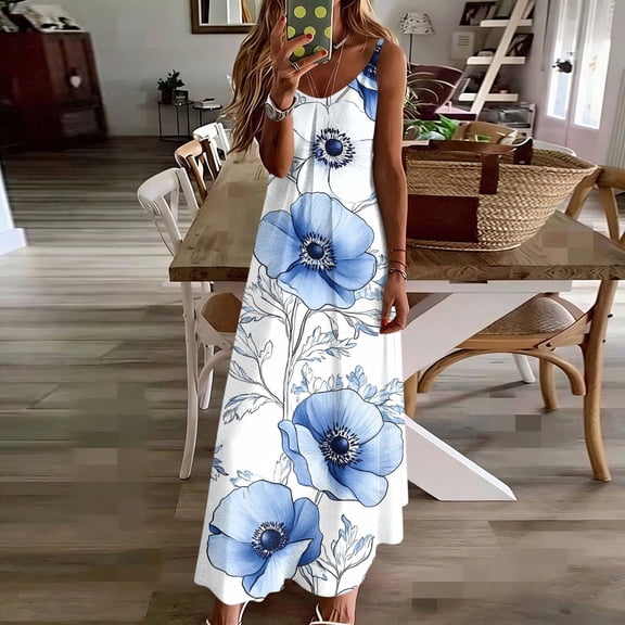 Gamivast Women Summer Sun Dress Floral Print Spaghetti Strap V-Neck Maxi Sleeveless Beach Holiday Loose Fit Casual Flowy Boho Long Sundress Gowns
