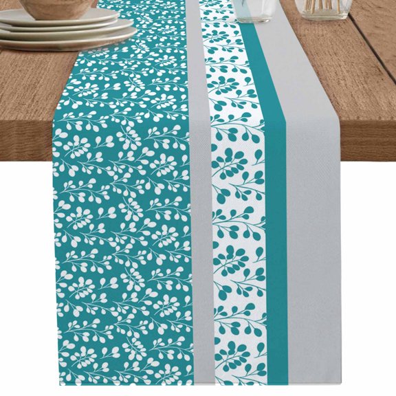 nqOlkjepod Teal Floral Table Runner 36 Inches Long Farmhouse Dress Scarves, Botanical Blossom Motif Boho Grey Stripes Dining Tablerunner for Coffee Table/Kitchen Island/Party Décor, Small 13" x 36"
