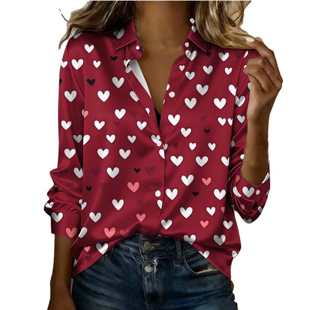 Mujeres Manga Larga Tops Casual Día de San Valentín Impreso Satén Blusa Botón-Arriba Solapa Suéter Top para el Invierno Y la Primavera