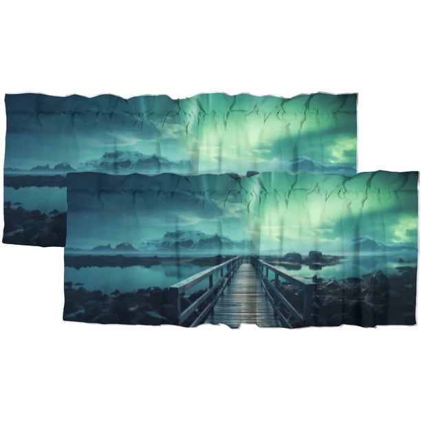 Cortina con diseño de aurora boreal para cocina, cenefa con diseño de puente de madera y paisaje mágico para sala de estar, dormitorio, cenefa de cocina con bolsillo para varilla, cortina para