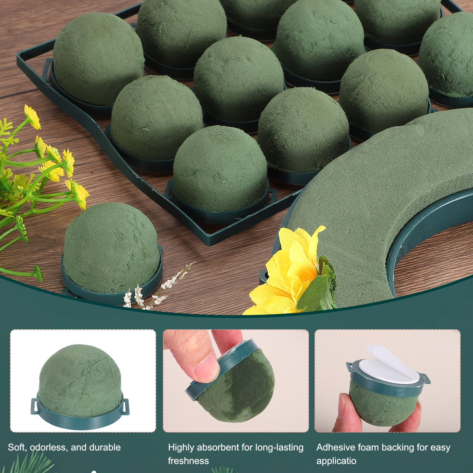 12Pcs Floral Foam Green Flower Floral Dry Foam, Mini Round Floral Foam Holder Flower Arrangements for Wine Bottle Decor Wedding Party Decorations(with Green Iron Frame)