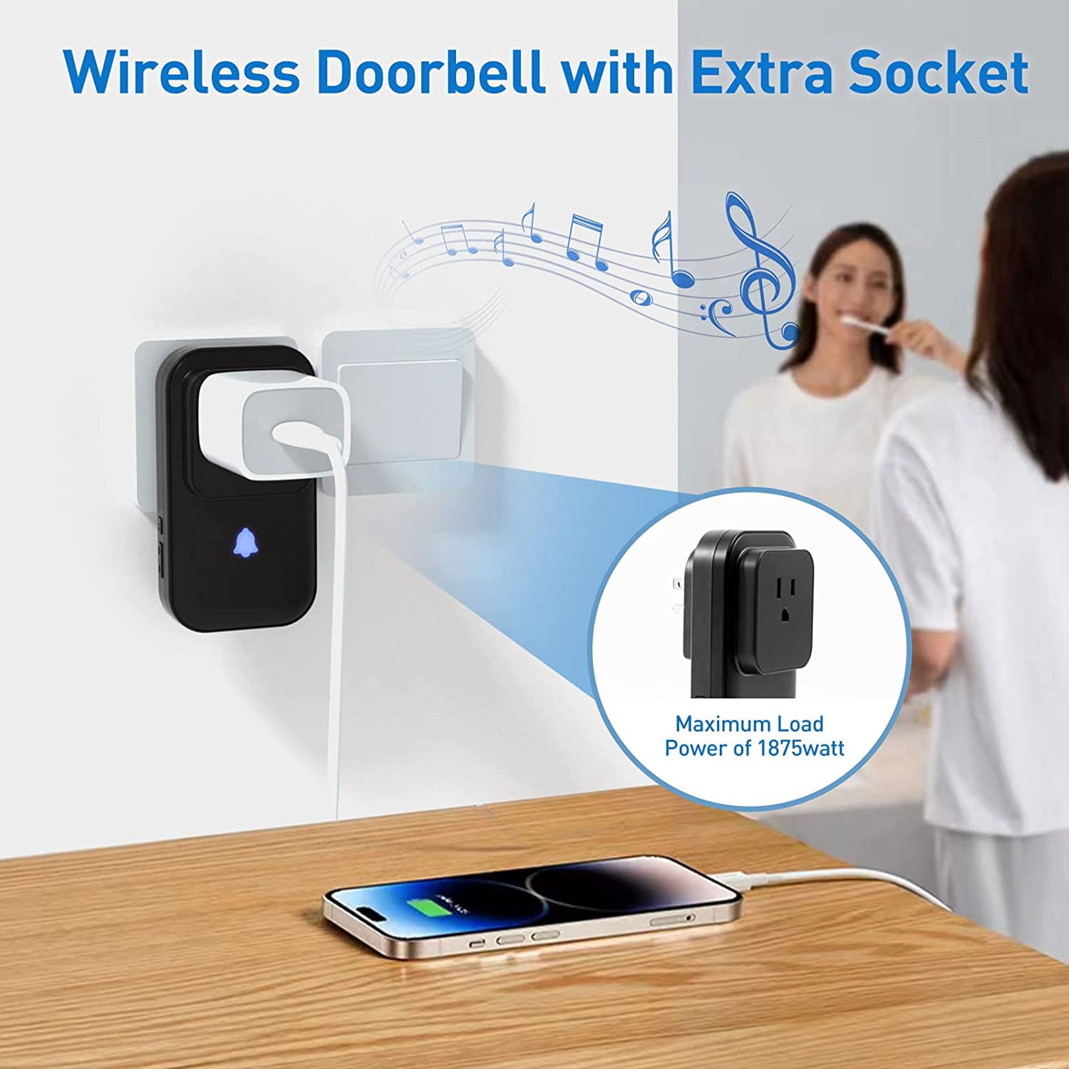 Wireless Doorbell Plug-in, Allytech Doorbell Chimes Door Chime for Home/Classroom, Self-Powered IP55 Waterproof Doorbell Operating at 1000ft Range with 58 Chimes, 5-Level Volume & LED Light