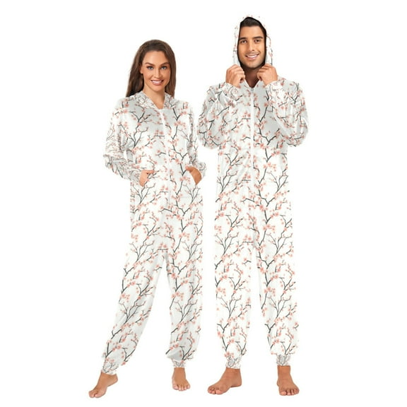 Adult Christmas Onesie Simple Cherry Blossom Zipper One-Piece Pajamas Unisex with Pockets