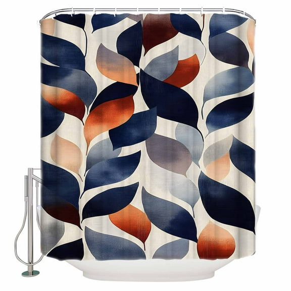 Navy Blue Burnt Orange Shower Curtains for Bathroom Waterproof Fabric Bath Curtains Decor Bath Tub Curtain Botanical Abstract Palm Leaf Decorative Shower Curtain Sets with 12 Hooks, 72x72 Inch