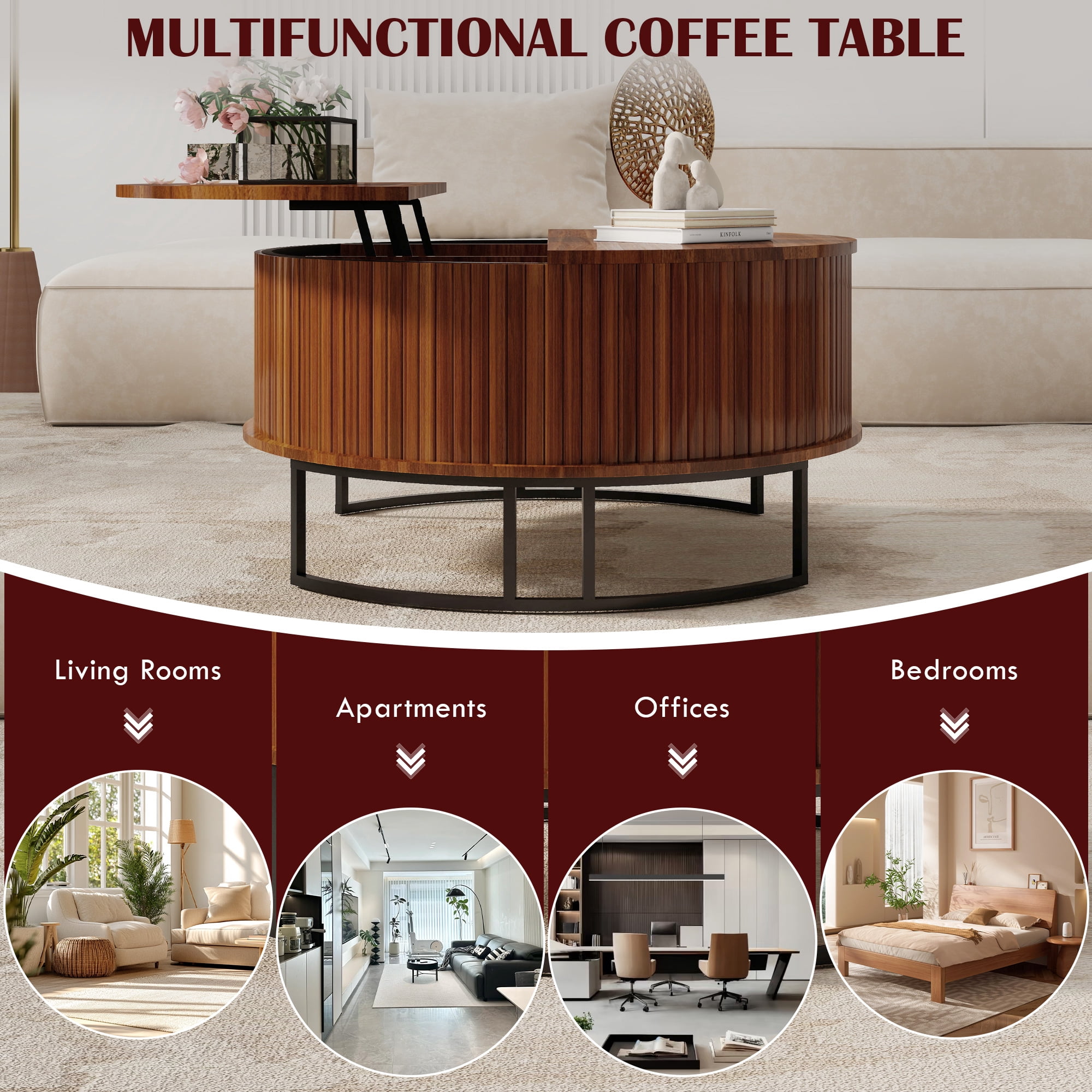 Coffee Table 31.5 Inch, Round Lift Top Center Table with Fluted Design and Hidden Storage, Mid-Century Modern Accent Table for Living Room, Walnut