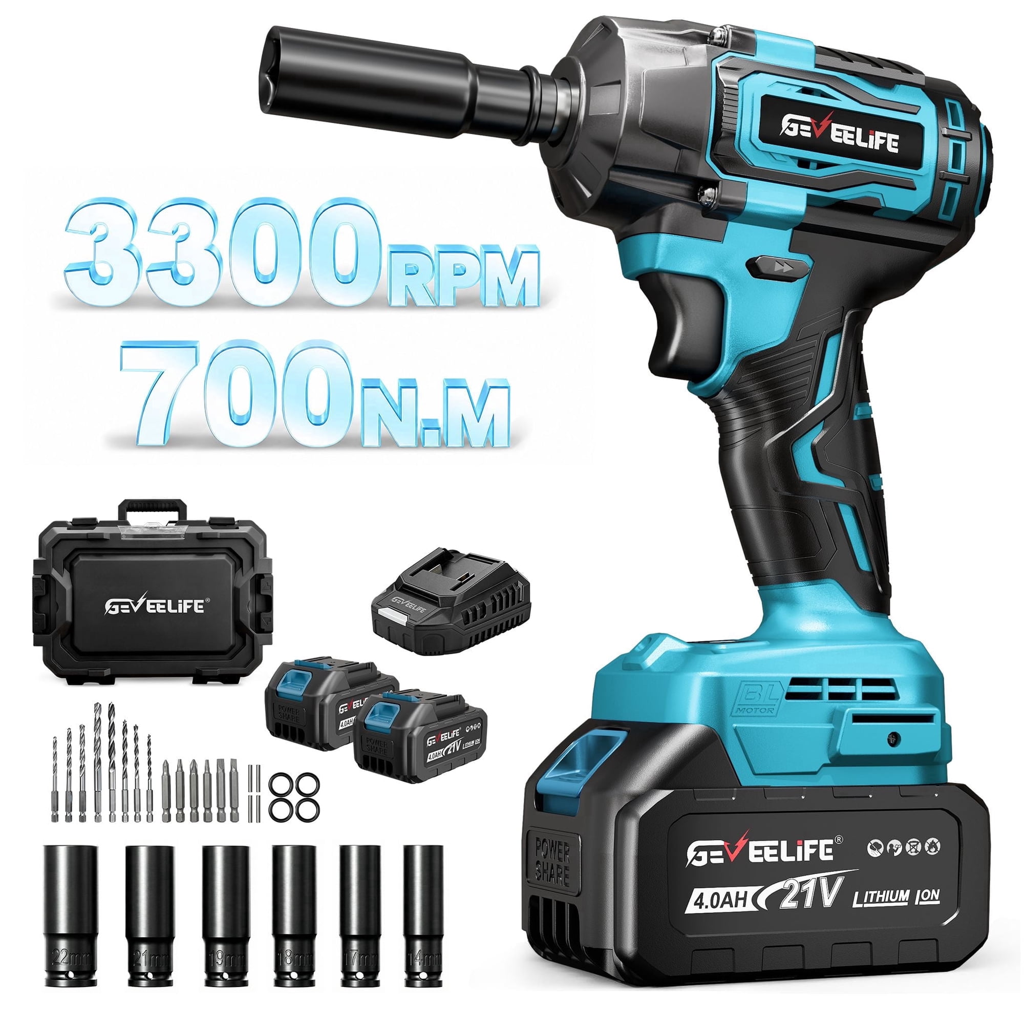 GEVEELIFE Impact Wrench 520Ft-lbs(700N.m) Brushless, 1/2 Impact Gun with 2x4.0Ah Battery, Cordless Impact Wrench, 6 Sockets, 8 Drill Bits, 3300RPM Power Electric Impact Driver