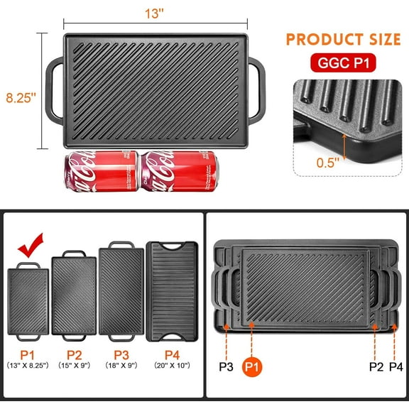 Double Sided Cast Iron Griddle Pan for Gas Grills and Stove Tops, 13 x 8.25 Reversible Cooking Plate