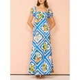 thumbnail image 3 of Women's Printed Square Neck Puff Sleeve Maxi Dress 100% Polyester Zipper Stretch Silhouette Floor Length Everyday, 3 of 7