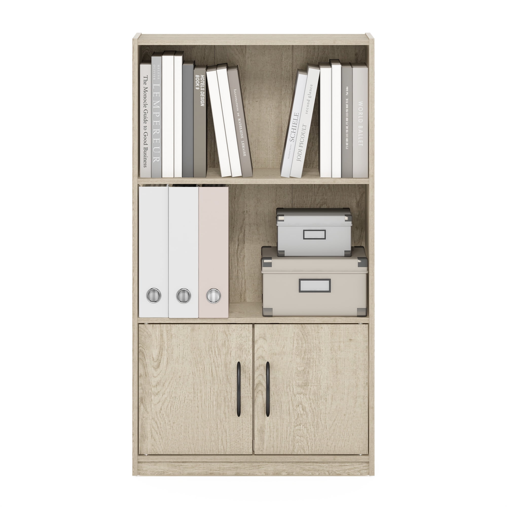 Furinno Gruen 3-Tier Bookcase with 2 Doors Storage Cabinet in Metropolitan Pine