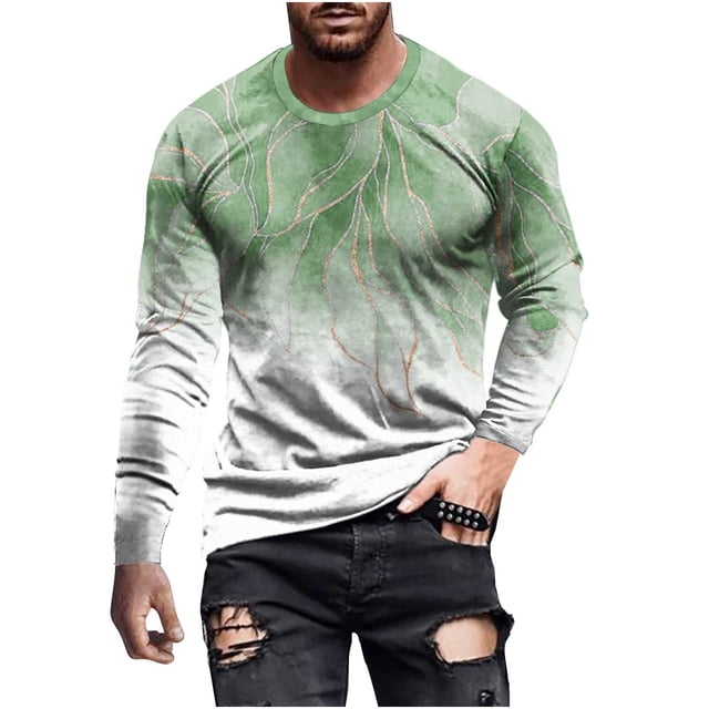Wolfast Long Sleeve Shirts for Men Printed Loose Round Neck Blouses Tunic Tops Green XXXXL