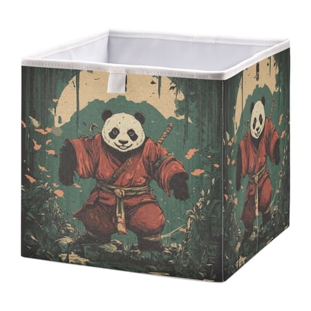 WOBOGO Samurai Panda Pattern Storage Basket Foldable Easy to Clean Durable with Hollow Support Plate with Handle 11.02×11.02×11.02 in