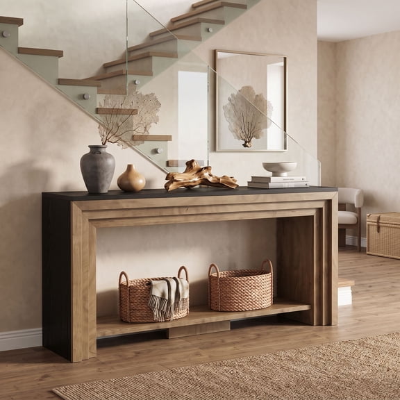 Canddidliike 70" Farmhouse Console Table, 2-Tier Narrow Entryway Sofa Table with Wood & Black Finish, Sturdy MDF Storage Shelf for Living Room, Hallway, or Home Office, Brown