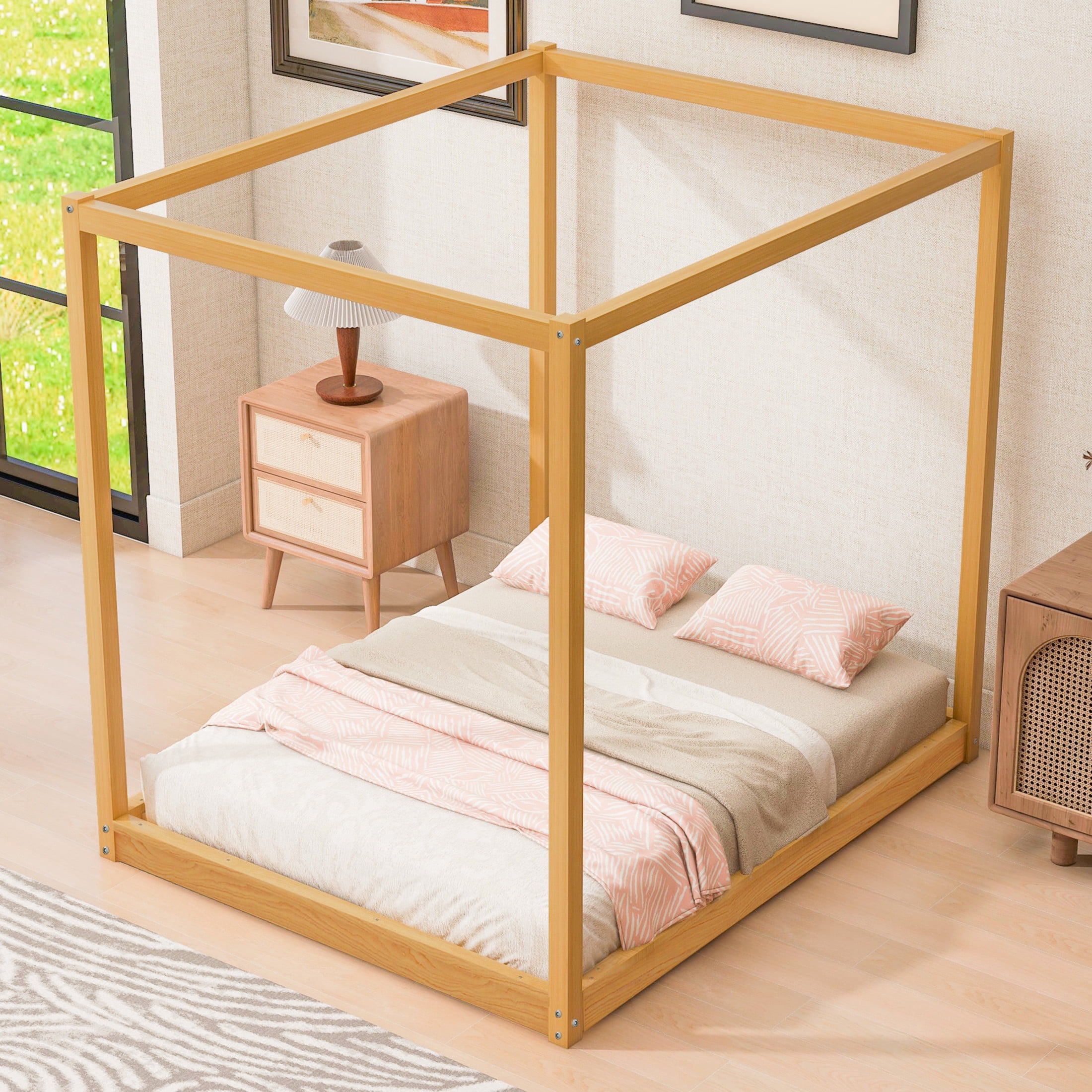 Noble House Queen Erika Canopy Platform Bed, Modern Minimalist Wood Frame with Slat Support, Support Legs, Natural