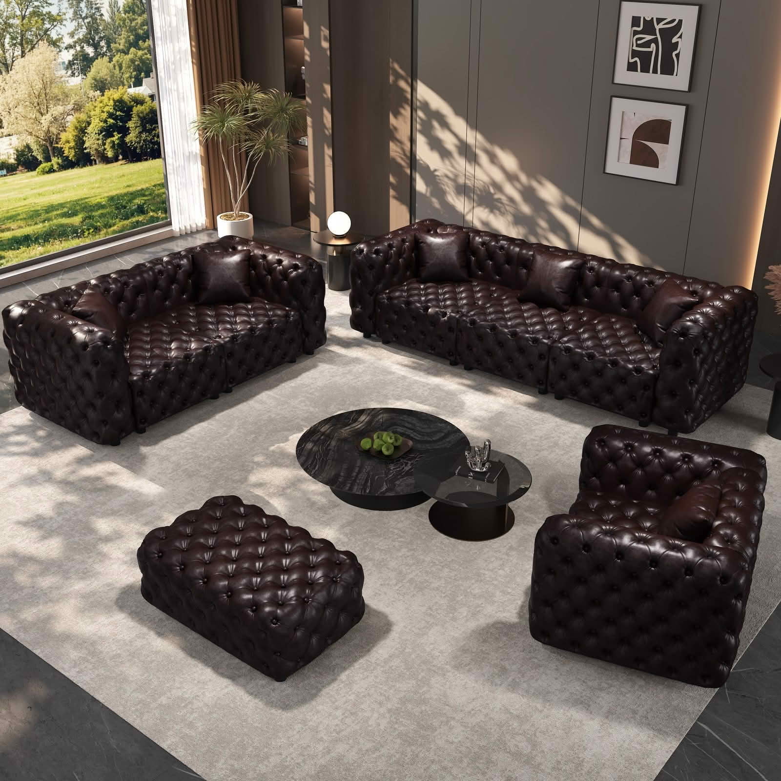 MAYEERTY 6‑Seat Faux‑Leather Modular Sofa Set, Handcrafted Button Tufted Couch with Ottoman & 6 Pillows for Living Room & Small Apartment