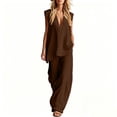 thumbnail image 2 of ClodeEU Women's Linen Blend 2 Piece Outfit, V Neck Short Sleeve Top and Wide Leg Pants Set, Casual Beachwear and Vacation Outfit Brown,Women's Plus M, 2 of 7