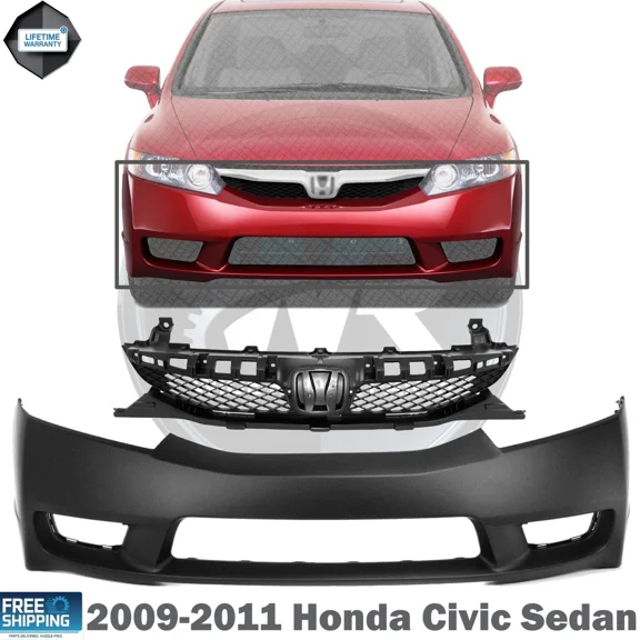 WIDE RANGE PARTS Front Bumper Cover And Grille Primed Direct Replacement Compatible With 2009-2011 Honda Civic Sedan HO1000266