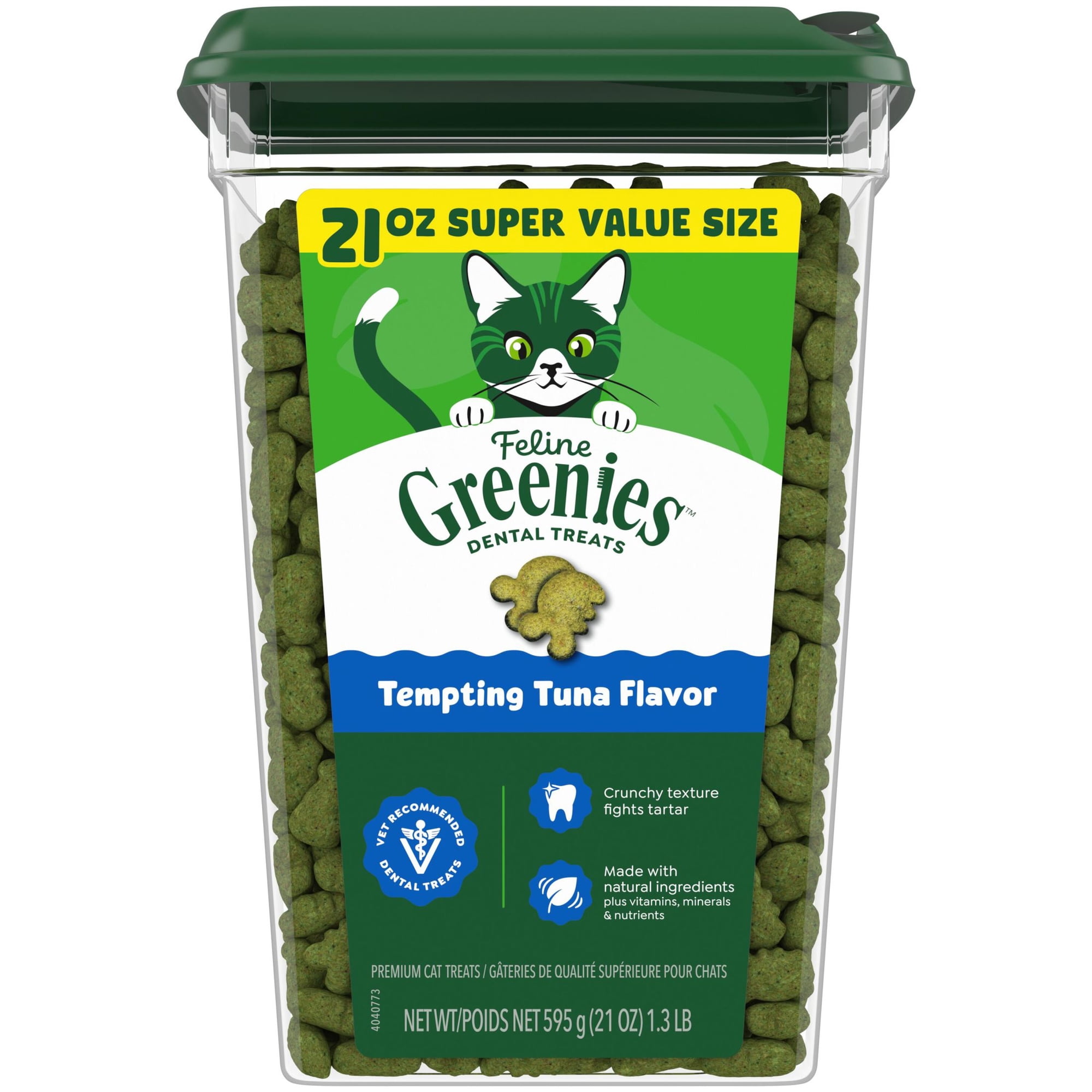 Greenies Feline Tempting Tuna Flavor Adult Natural Dental Cat Treats, 21 oz Tub