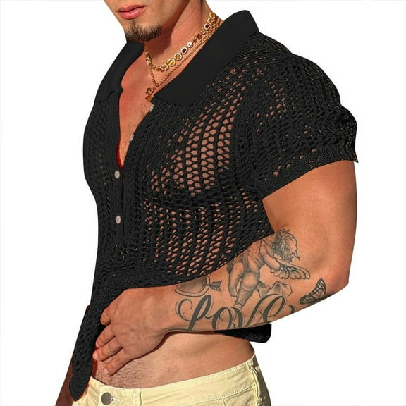 INCERUN Mens Mesh Hollow Out Short Sleeve Lapel Neck Shirt Summer Casual Tops
