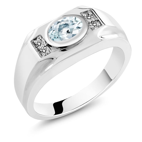 Gem Stone King Men's 925 Sterling Silver Sky Blue Aquamarine and White Diamond Ring | 1.23 Cttw | Gemstone March Birthstone | Oval 8X6MM | Size 11