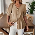 thumbnail image 6 of Mifsaly Womens Peplum Tops V Neck Puff Sleeve Button Down Shirts Ruffle Hem Fitted Waist Summer Casual Elegant Tunic Top Khaki,M, 6 of 7