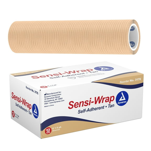 Dynarex Sensi Wrap, 12 Pack of Self Adhesive Bandage Wrap, 6" x 5 Yards, Beige/Tan Color, Elastic Cohesive Bandage Wrap, Color Athletic Tape, Vet Wrap, Ankle Tape, Tattoo Grip Tape Wrap