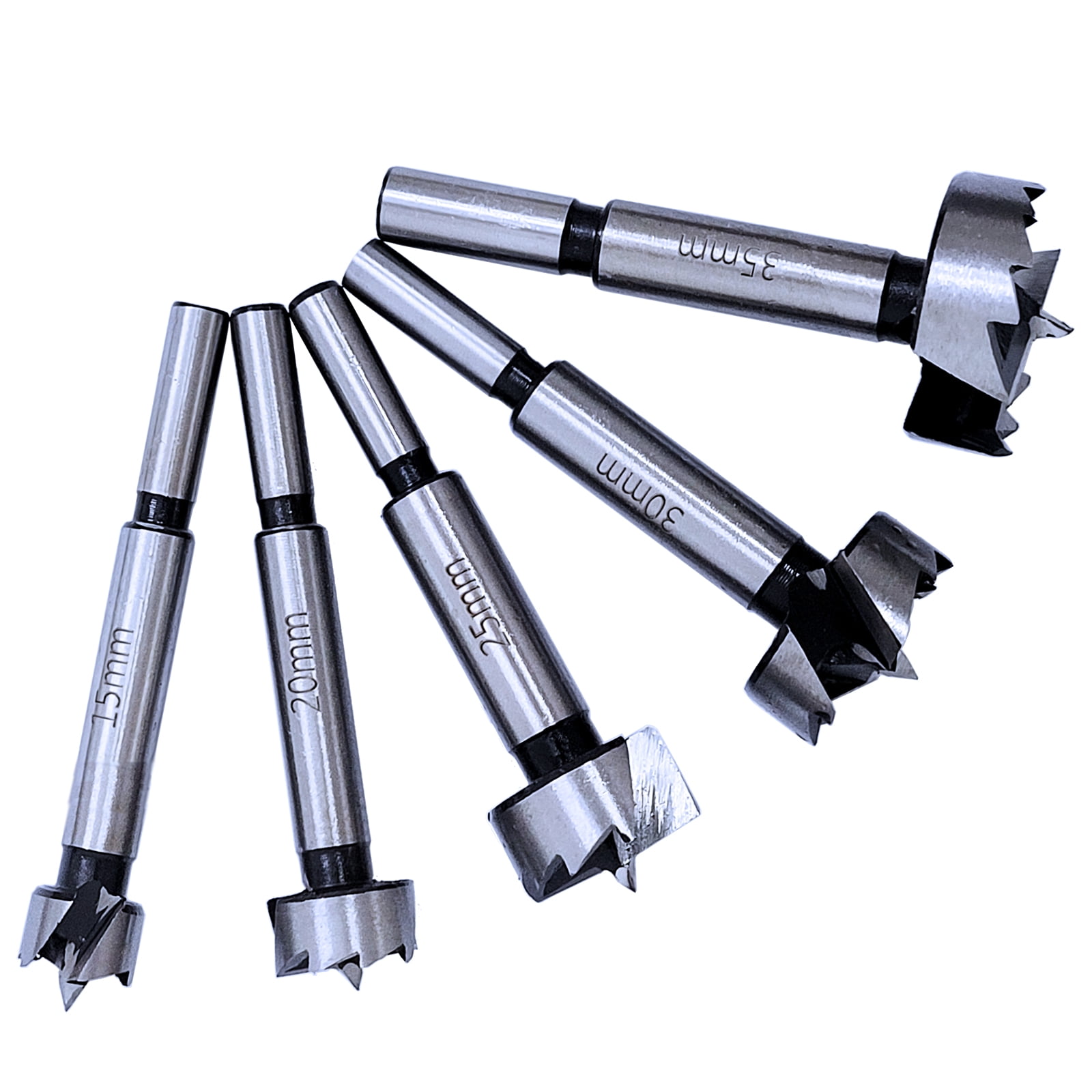 5Pcs Wood Drilling bits Forstner Drill bits (Ø15/20/25/30/35mm) Set Round Shank with Wooden Storage Box