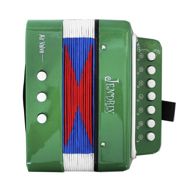 acordeon verde profesional infantil 7 botones 2 bajos JENDRIX, vista frontal centrada; acordeón pequeño verde con fuelle rojo-azul-blanco, marca JENDRIX en la carcasa, siete botones blancos a la derecha y dos bajos a la izquierda, correa negra y acabado brillante sobre fondo blanco; suele usarse en actividades didácticas y para iniciación musical.