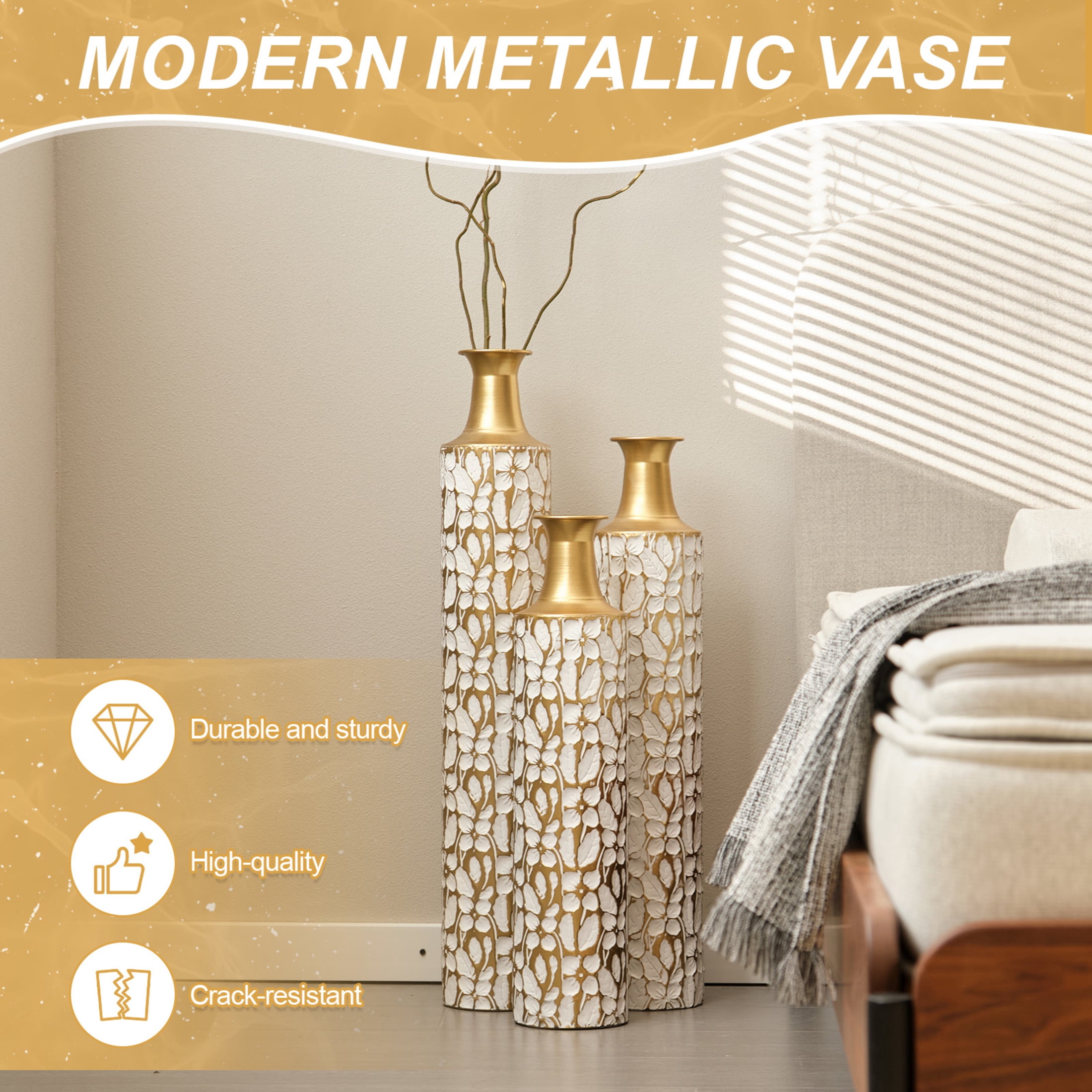 Noble House 32.3", 28", 24" Metal Floor Vase Set of 3, Leaf Pattern, Gold + White
