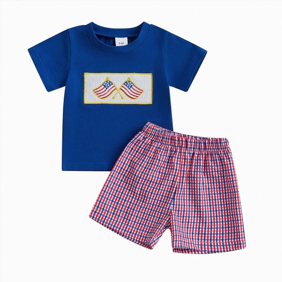 Xudanell Toddler Baby Boy 4th of July Outfit American Flag Embroidery Smocked Short Sleeve T Shirt Top Plaid Shorts Set (12-18 Months,Blue)