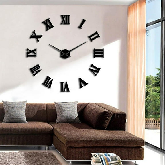 Modern DIY Large Wall Clocks 3D Mirror Surface Sticker Home Decor Art Giant Wall Clock Watch With Roman Numerals Big Clock(Black,27inch)