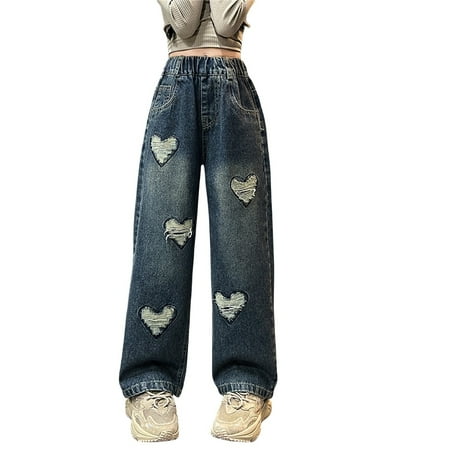 KAUOD Girls Y2K Heart Applique Elastic High Waist Jeans Wide Leg Loose Denim Pants kids Retro Ripped Love Straight Trousers