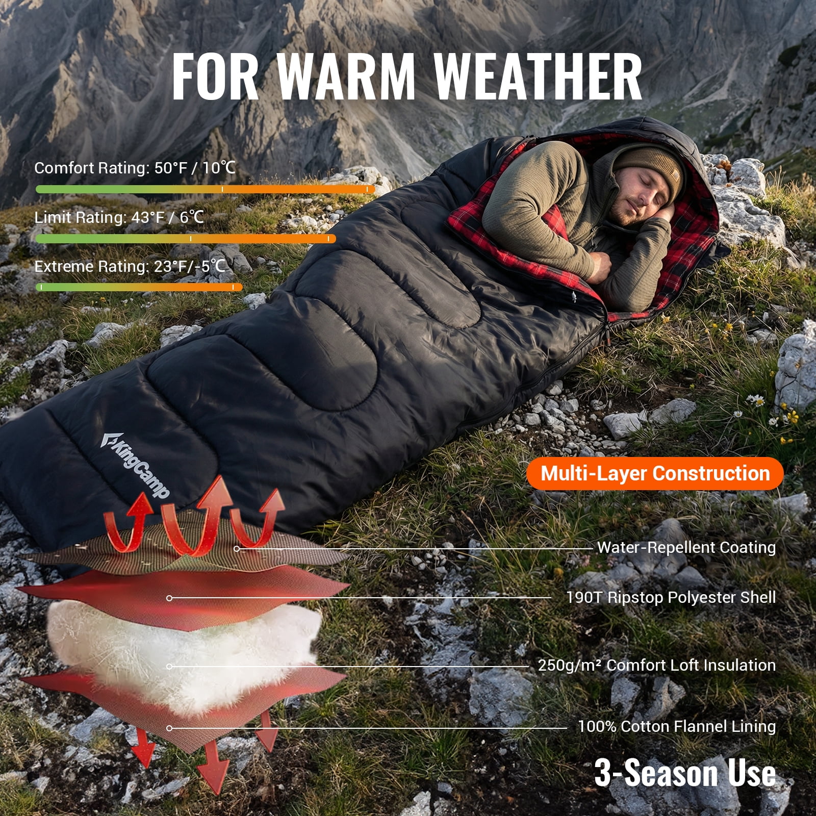 KingCamp Cotton Flannel Sleeping Bag for Adults, Lightweight Compact Sleeping Bag, Warm & Cool Weather All Season for Camping, Hiking, Travel, Backpacking - 3.53lbs