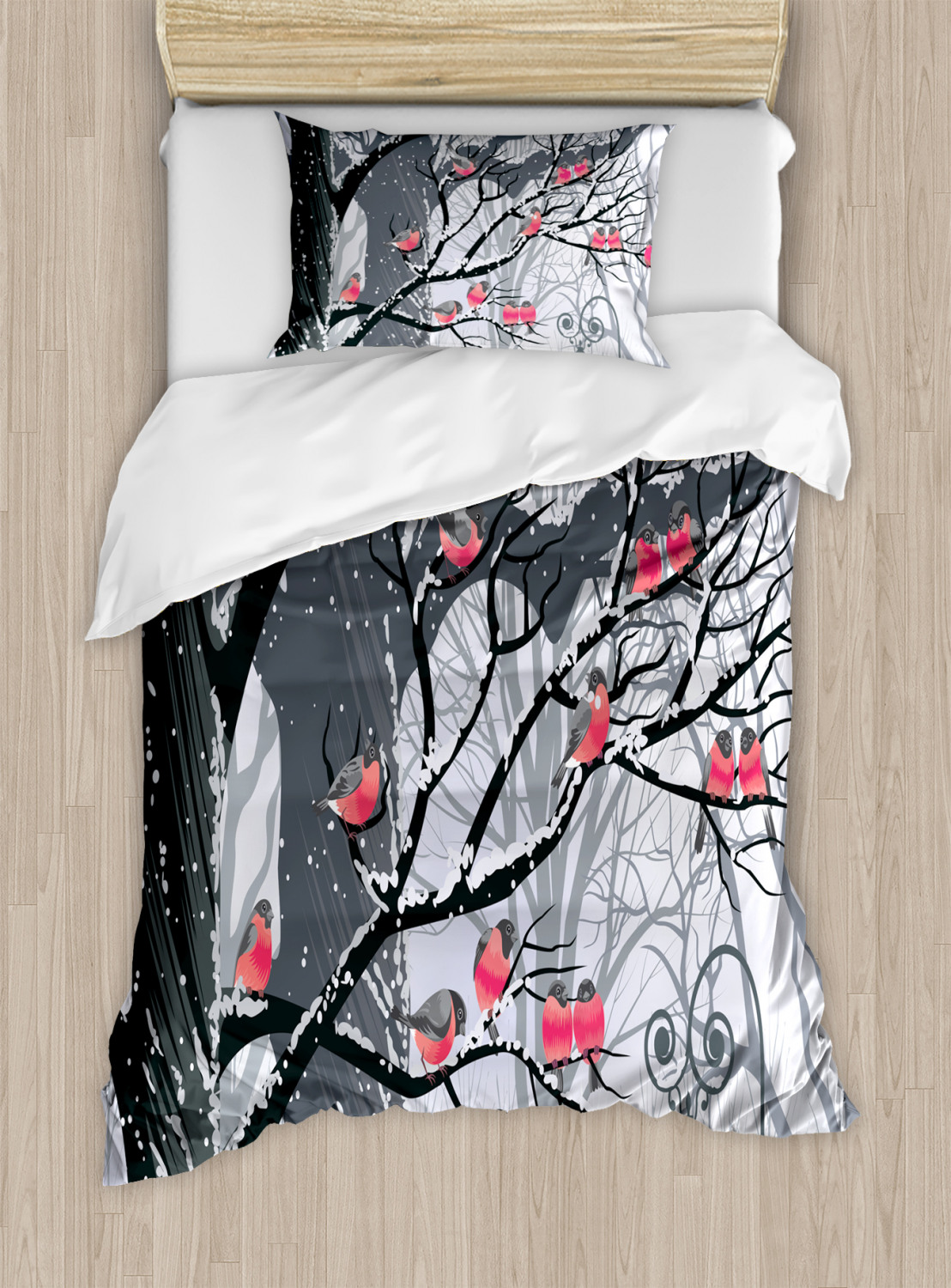 Winter Duvet Cover Set, Cute Bullfinches on Trees Winter City Park Snow