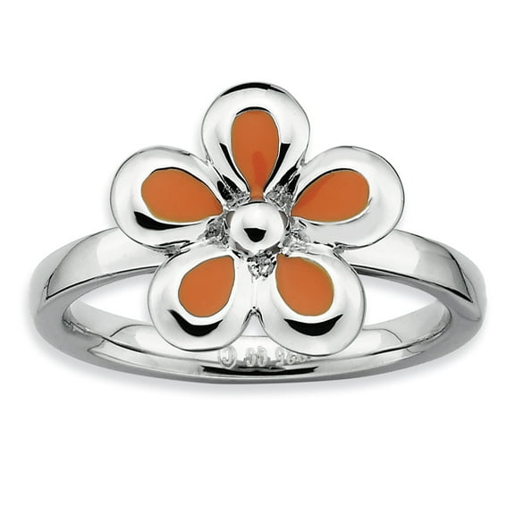 Sterling Silver Polished Orange Enameled Flower Ring