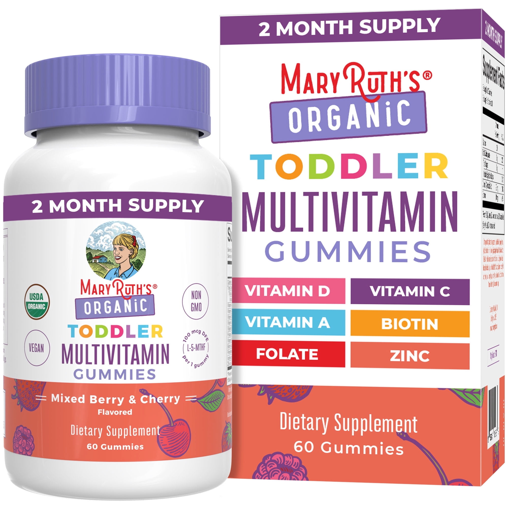 MaryRuth's Organic Toddler Multivitamin Gummies, Immune Support, Overall Health, Vegan, Mixed Berry and Cherry Flavor, 60 Count