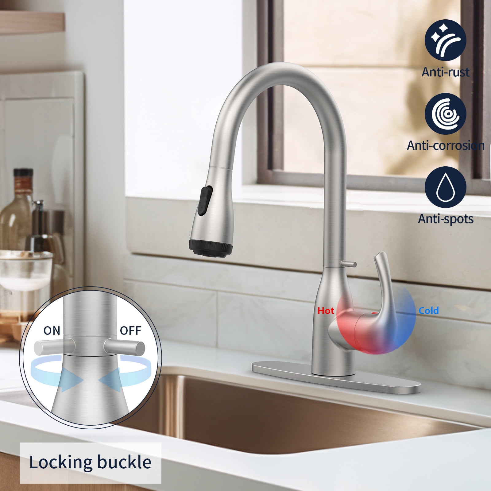 Kitchen Faucet with Pull Down Sprayer and 4 Spraying Modes Brushed Nickel Commercial 1 or 3 Hole Kitchen Faucets with Locking Buckle for Farmhouse Rv Bar Sinks