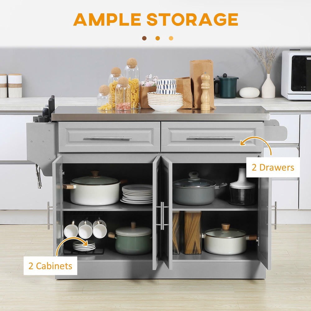 GVN Rolling Kitchen Table with Wheels, Kitchen Island with Stainless Steel Top, Adjustable Shelves, 2 Drawers, Spice, Knife and Towel Rack, Gray