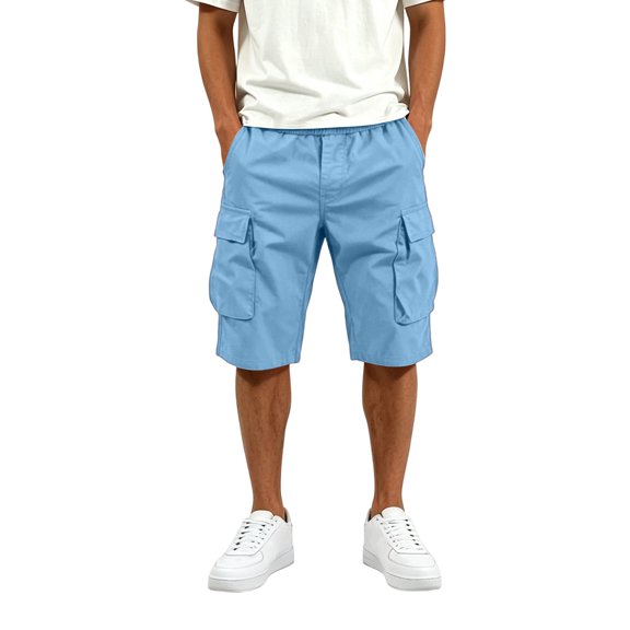 Men's Plain Cargo Shorts, Elastic Waist Multi-Pocket Pants, Summer Casual Straight Leg Bottoms