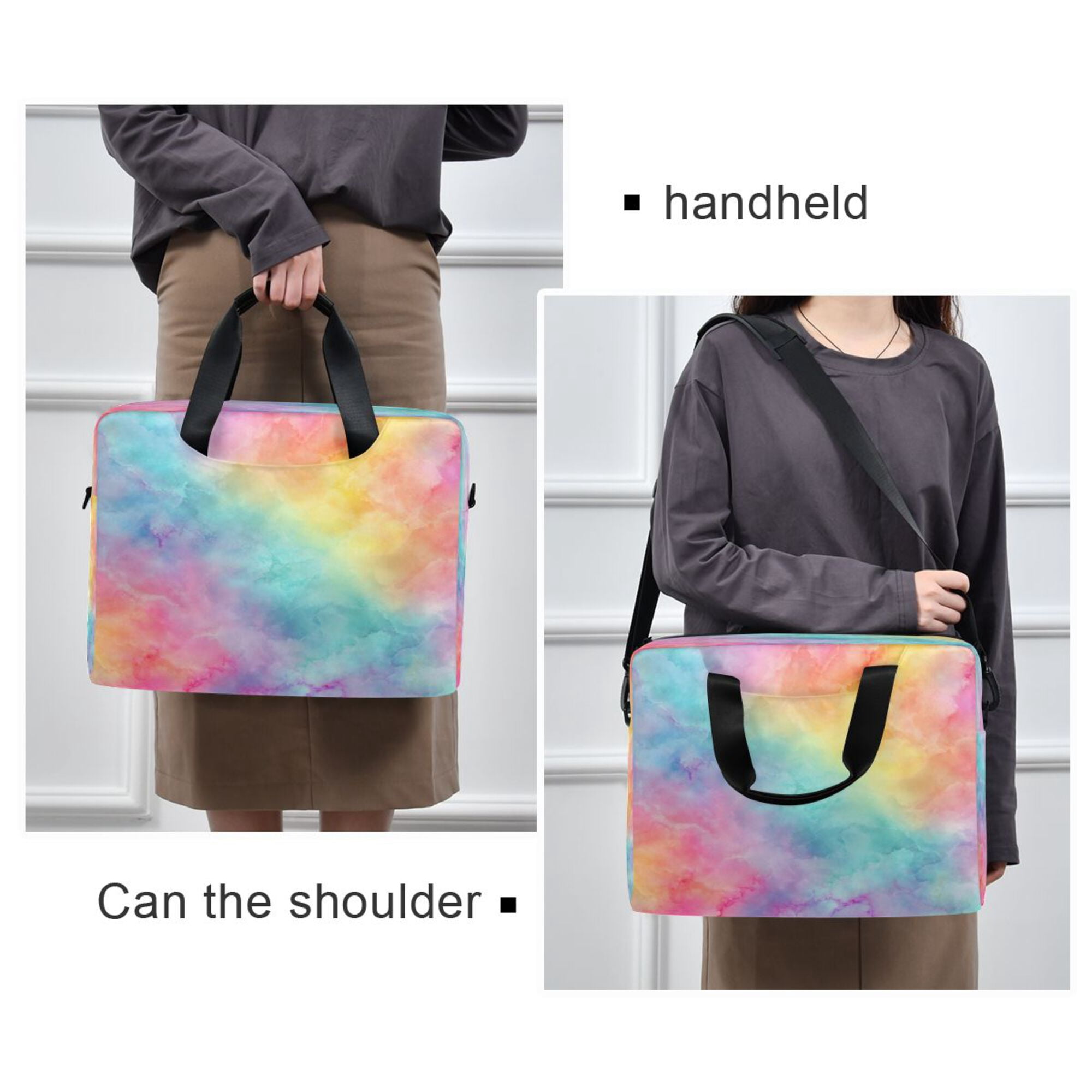 16" Laptop Briefcase, Detachable Anti-Slip Shoulder Strap, Multi-Compartment Work Travel Bag Pastel Rainbow Tie-dye Pattern